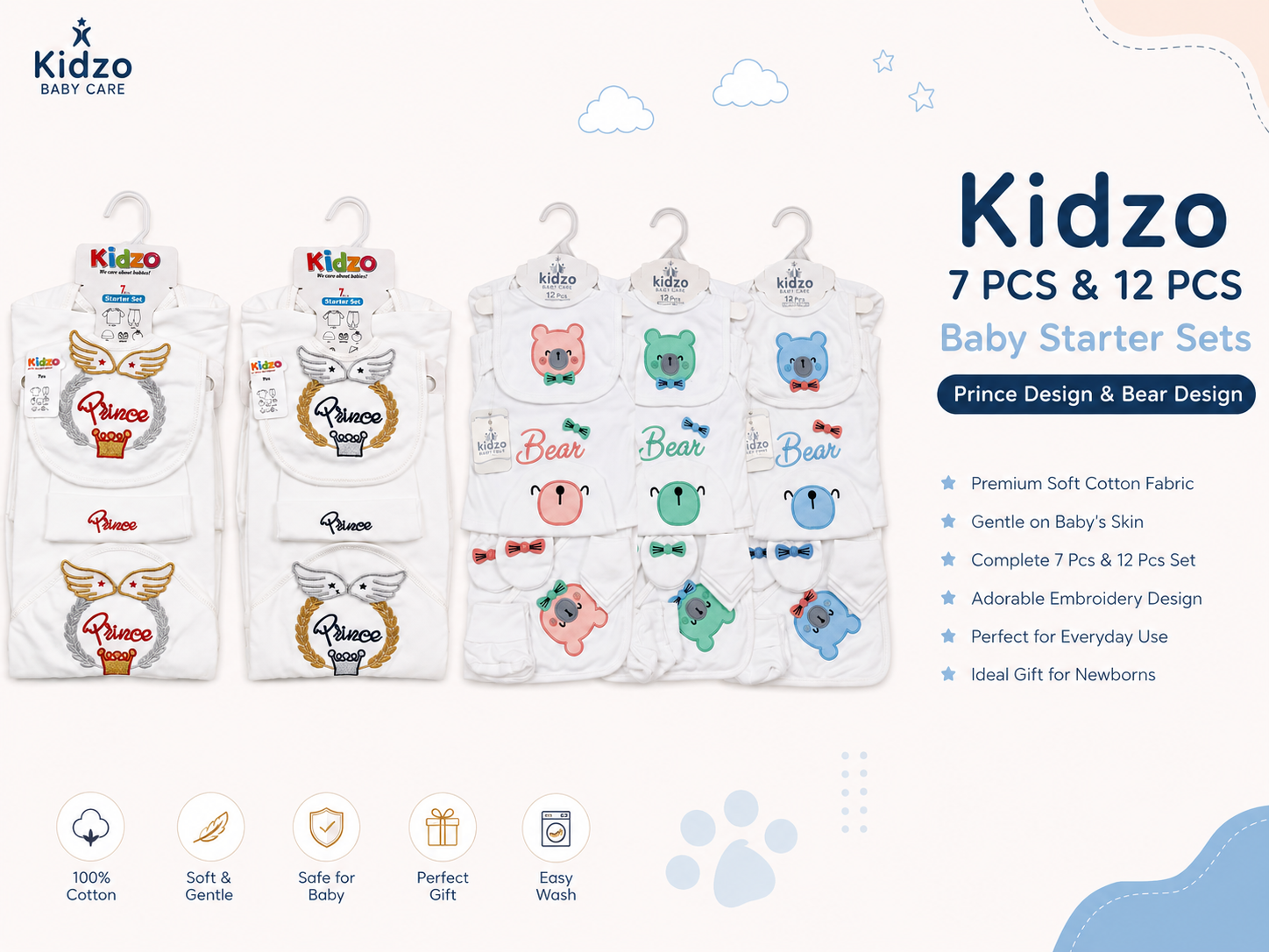 12-7 PCS Baby Clothing Starter Set – Soft Cotton Prince Design Newborn Gift Set