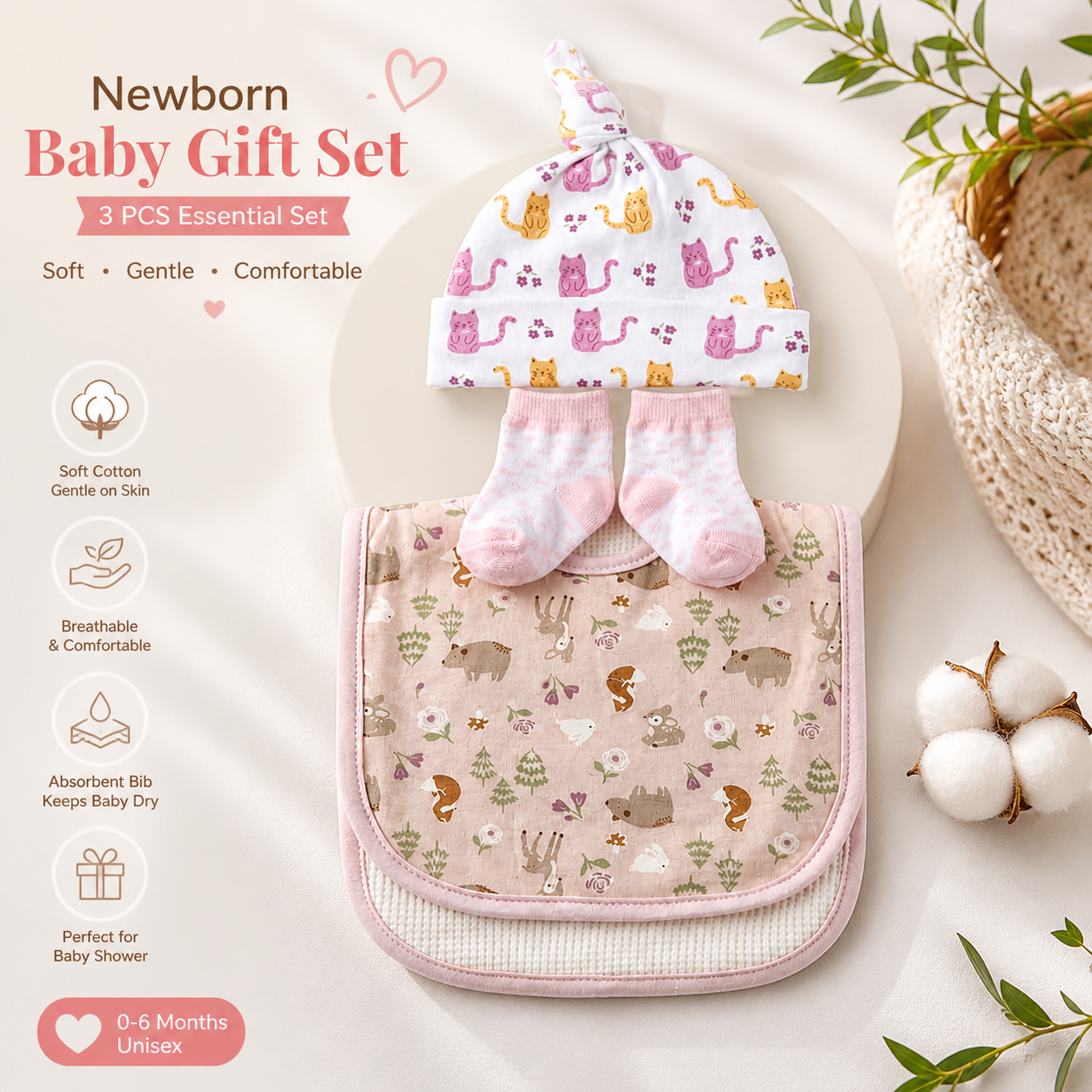Newborn Baby Gift Set – Soft Cotton Hat, Socks & Bib (3PCS Essential Set)