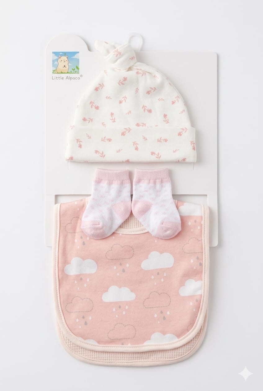 Newborn Baby Gift Set – Soft Cotton Hat, Socks & Bib (3PCS Essential Set)